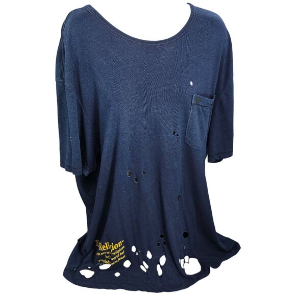 True Religion XXL Distressed Unisex Navy T-Shirt Skull Snake Roses Single Stitch - Picture 2 of 16